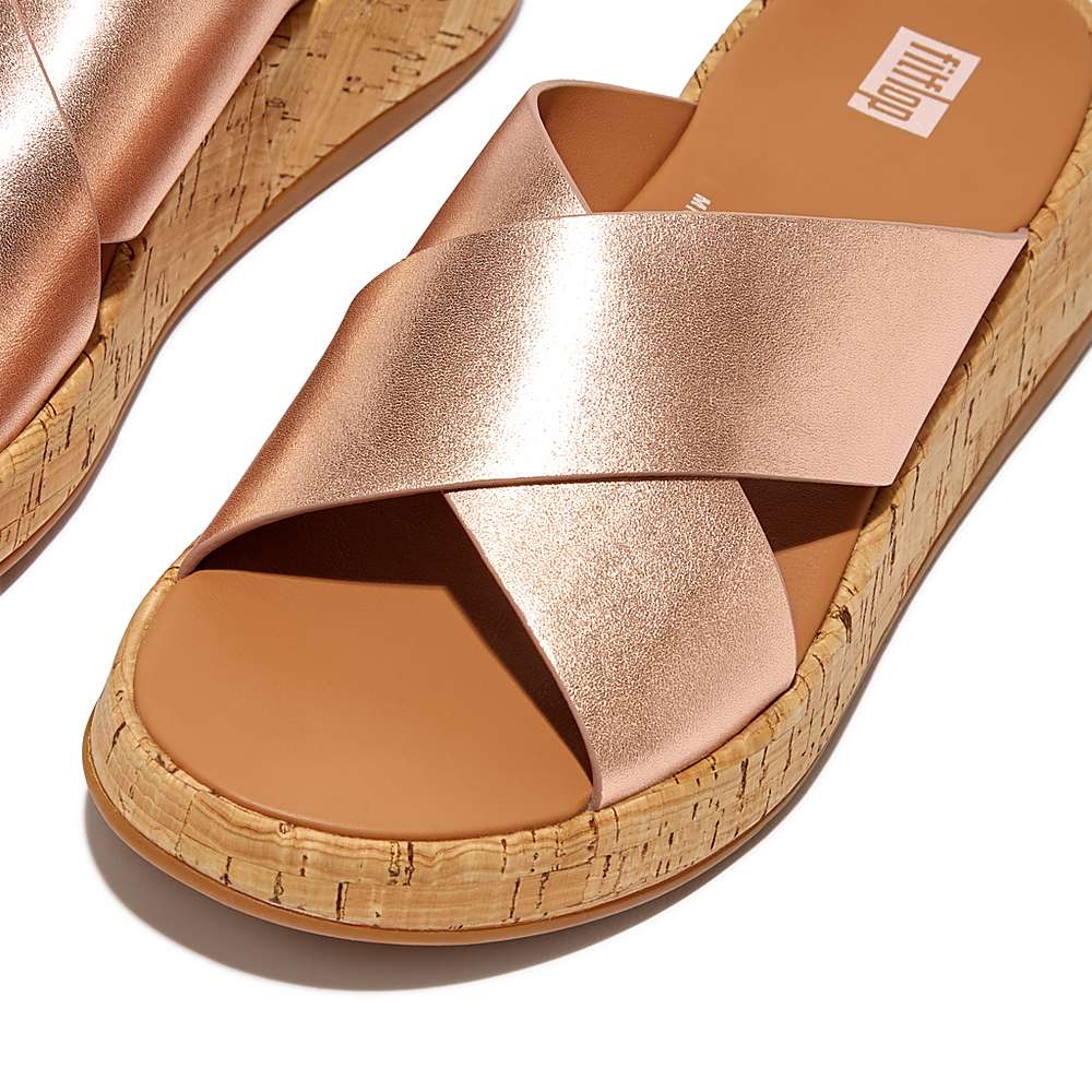 Sandały Fitflop F-MODE Metallic Leather/Cork Flatform Cross Slides Damskie Różowe Złote | Polska-32609