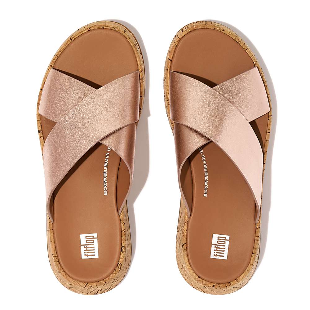 Sandały Fitflop F-MODE Metallic Leather/Cork Flatform Cross Slides Damskie Różowe Złote | Polska-32609