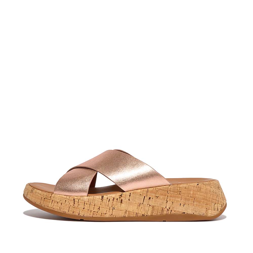 Sandały Fitflop F-MODE Metallic Leather/Cork Flatform Cross Slides Damskie Różowe Złote | Polska-32609