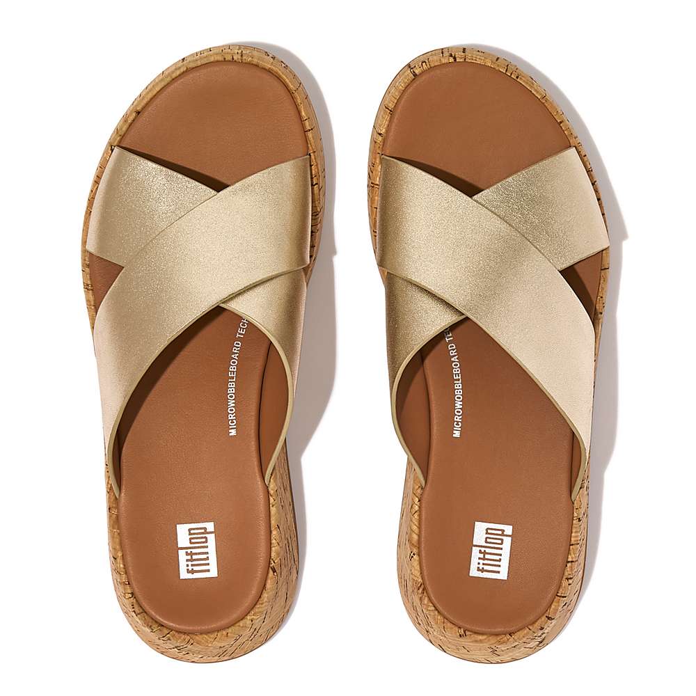 Sandały Fitflop F-MODE Metallic Leather/Cork Flatform Cross Slides Damskie Brązowe Złote | Polska-70984