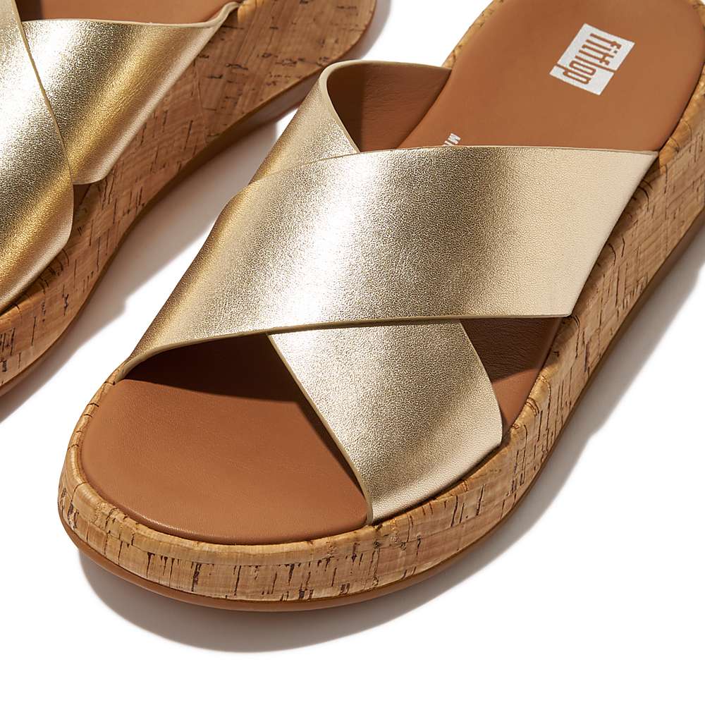 Sandały Fitflop F-MODE Metallic Leather/Cork Flatform Cross Slides Damskie Brązowe Złote | Polska-70984