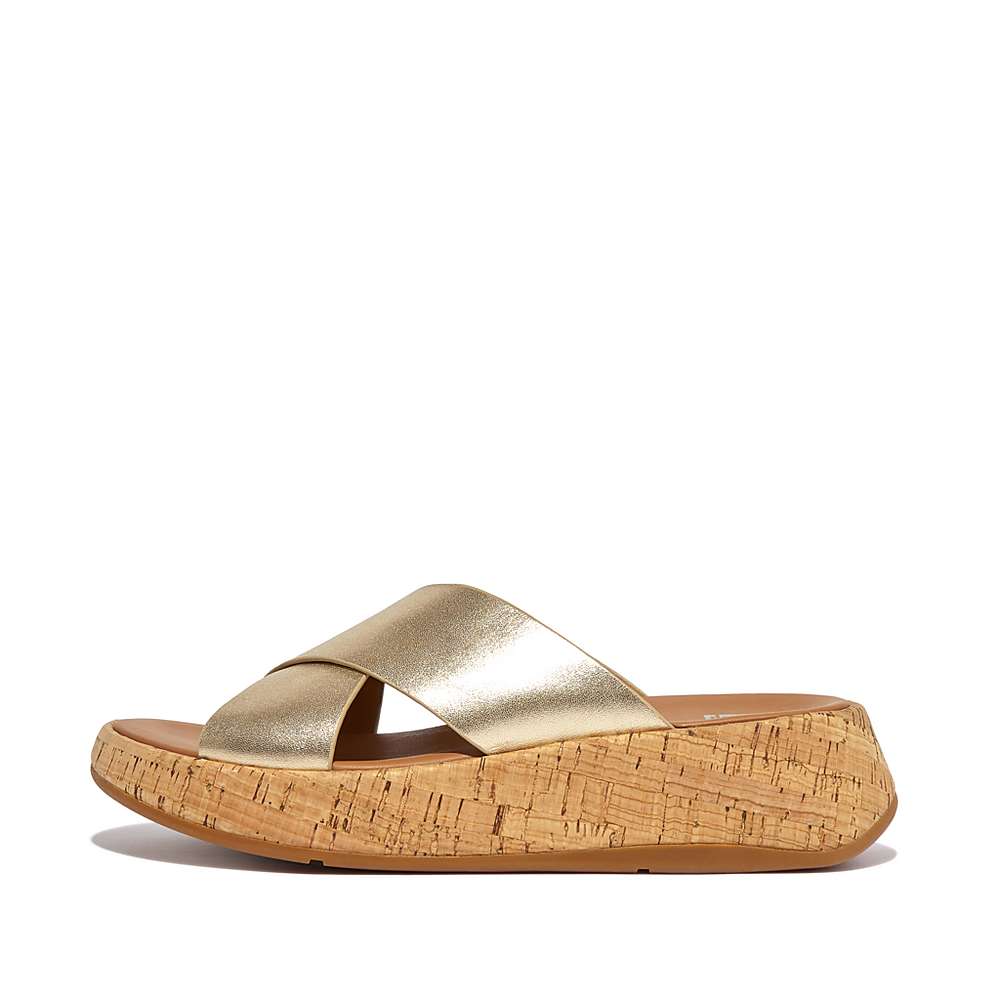 Sandały Fitflop F-MODE Metallic Leather/Cork Flatform Cross Slides Damskie Brązowe Złote | Polska-70984