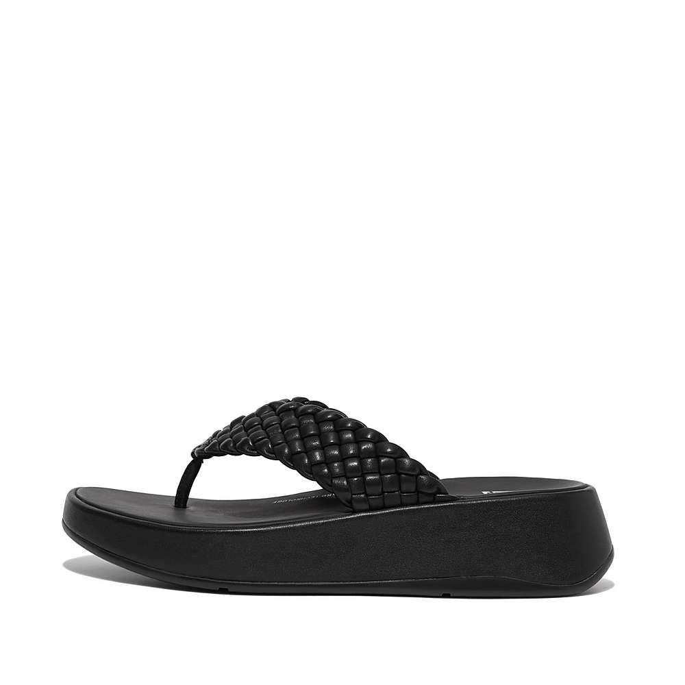 Sandały Fitflop F-MODE Woven Leather Flatform Toe-Post Damskie Czarne | Polska-15270