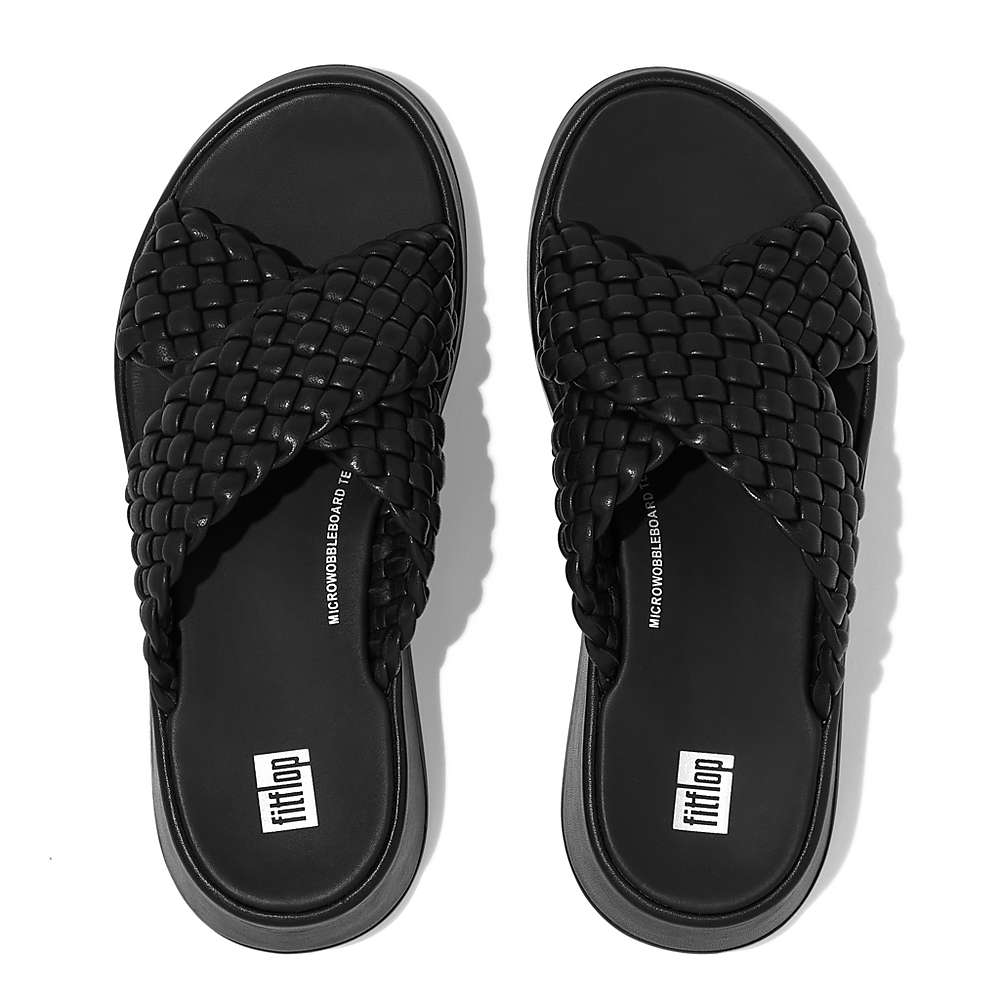 Sandały Fitflop F-MODE Woven Leather Flatform Cross Slides Damskie Czarne | Polska-34651