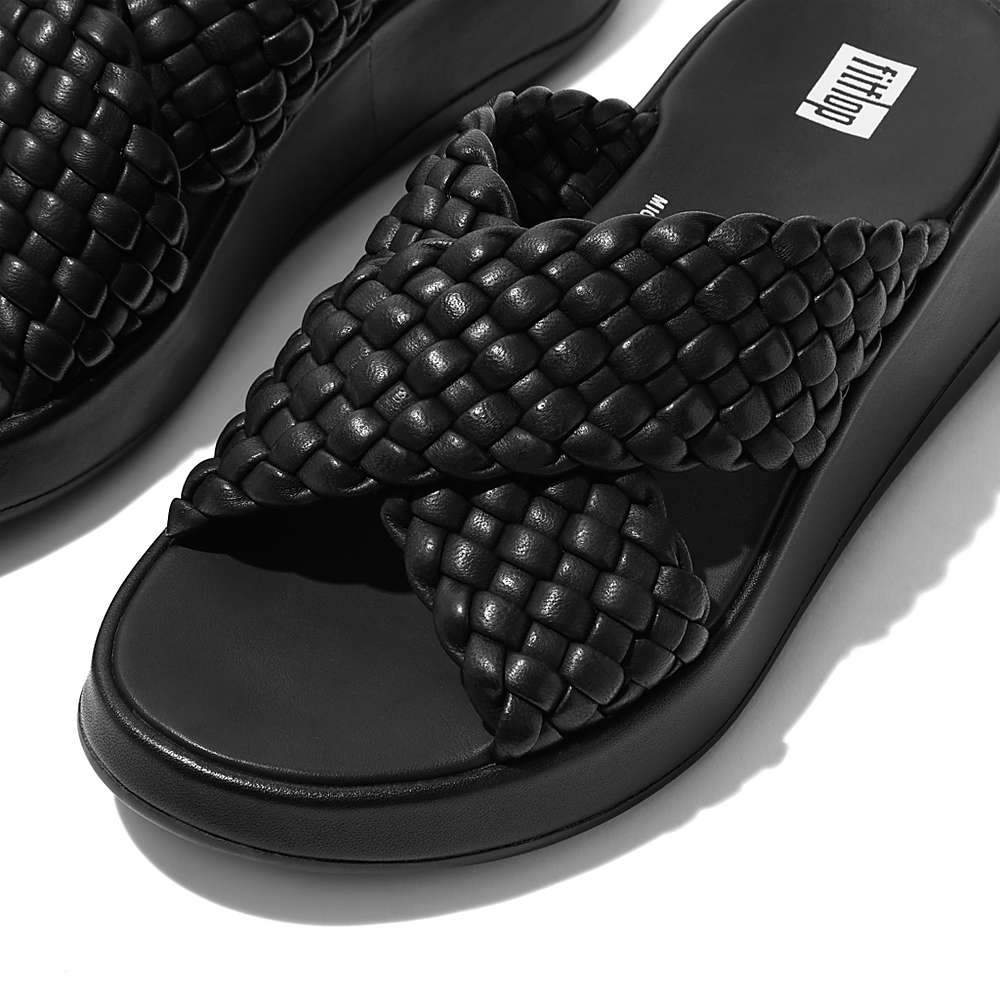 Sandały Fitflop F-MODE Woven Leather Flatform Cross Slides Damskie Czarne | Polska-34651