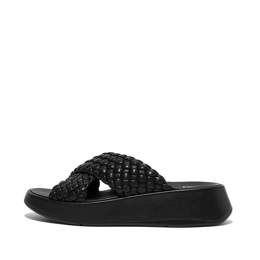 Sandały Fitflop F-MODE Woven Leather Flatform Cross Slides Damskie Czarne | Polska-34651