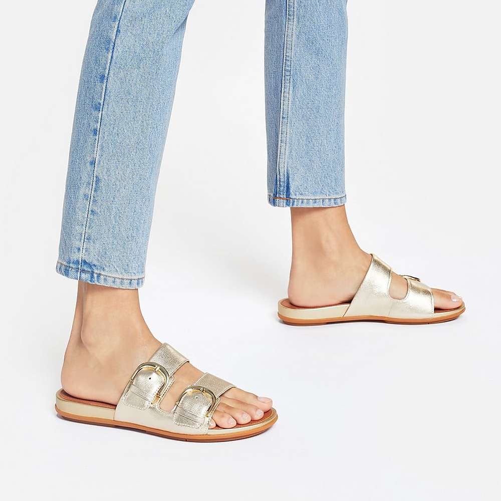 Sandały Fitflop GRACIE Buckle Metallic Leather Slides Damskie Brązowe Złote | Polska-15824