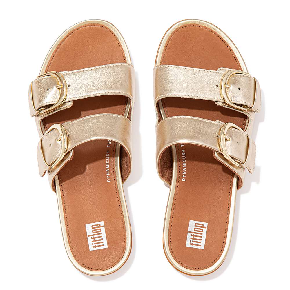 Sandały Fitflop GRACIE Buckle Metallic Leather Slides Damskie Brązowe Złote | Polska-15824