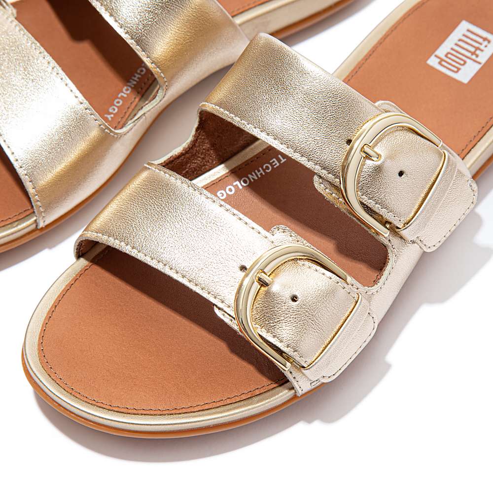 Sandały Fitflop GRACIE Buckle Metallic Leather Slides Damskie Brązowe Złote | Polska-15824