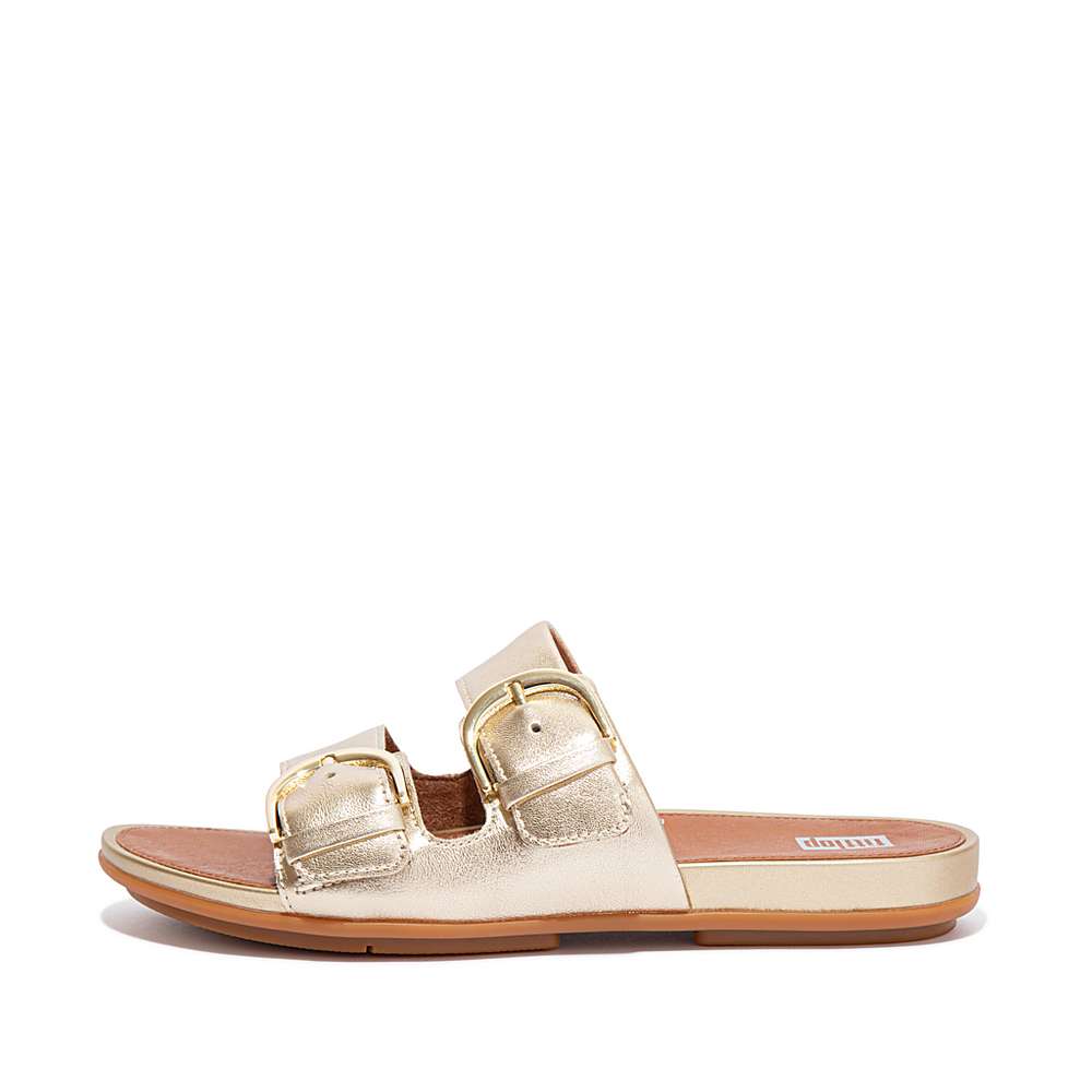 Sandały Fitflop GRACIE Buckle Metallic Leather Slides Damskie Brązowe Złote | Polska-15824