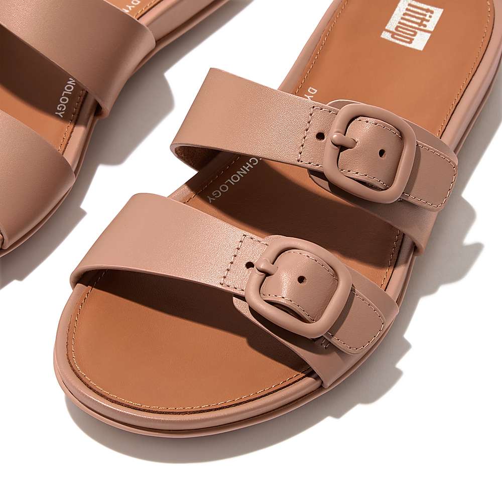 Sandały Fitflop GRACIE Buckle Two-Bar Leather Slides Damskie Beżowe | Polska-42619