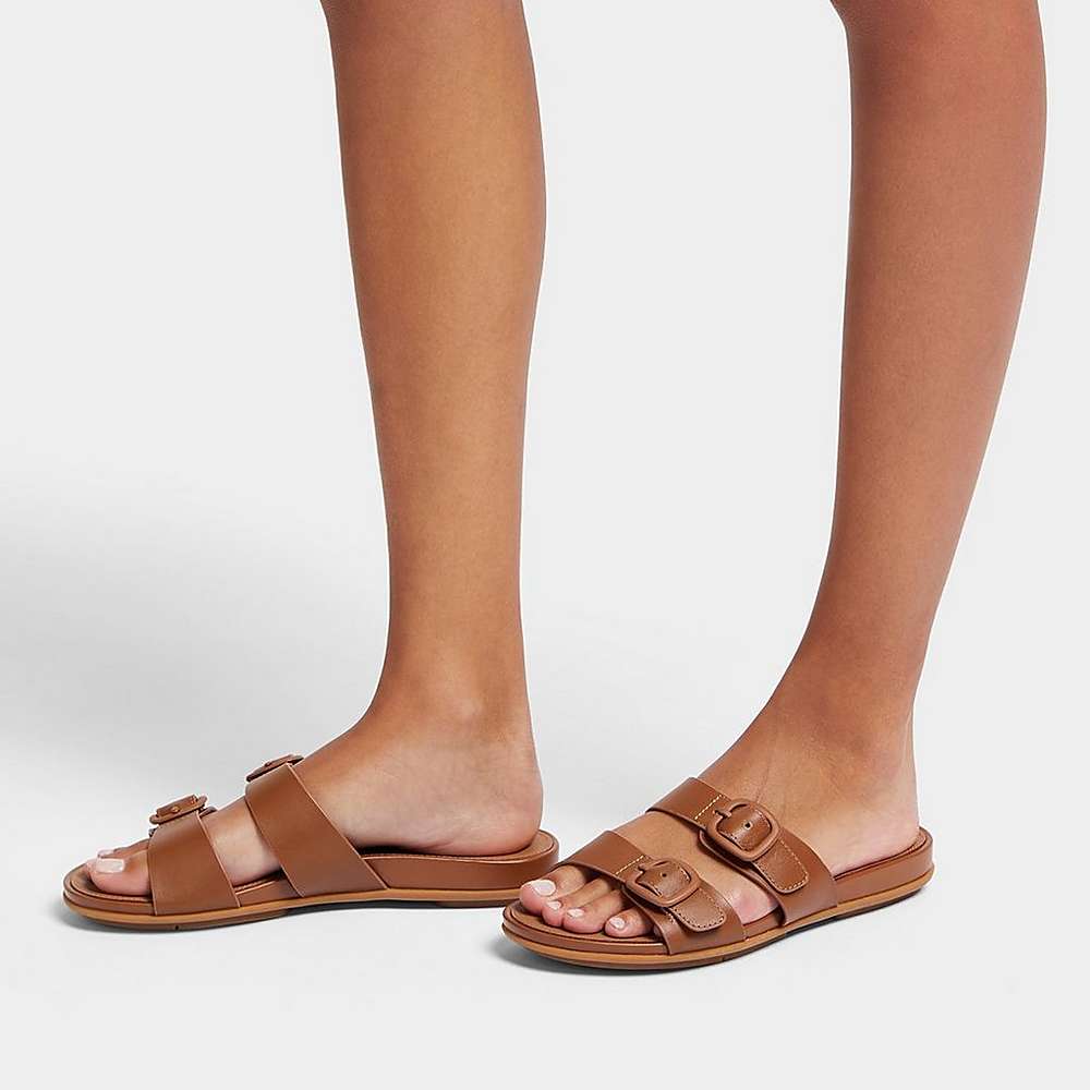 Sandały Fitflop GRACIE Buckle Two-Bar Leather Slides Damskie Brązowe | Polska-73164