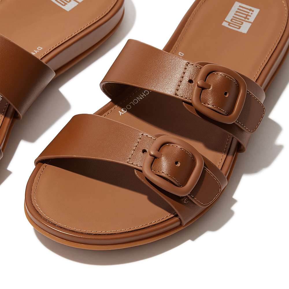 Sandały Fitflop GRACIE Buckle Two-Bar Leather Slides Damskie Brązowe | Polska-73164