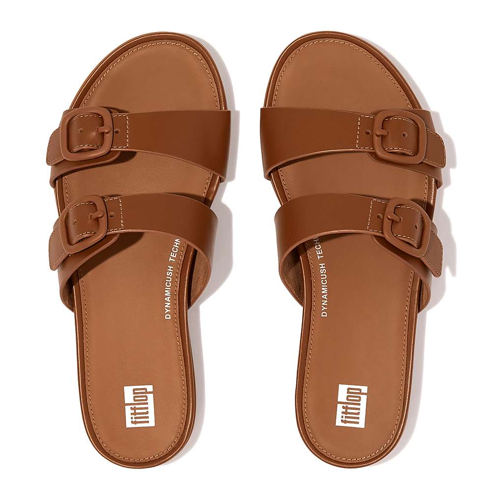 Sandały Fitflop GRACIE Buckle Two-Bar Leather Slides Damskie Brązowe | Polska-73164