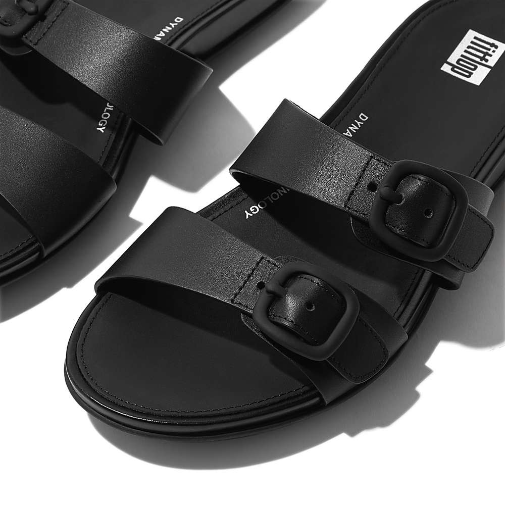 Sandały Fitflop GRACIE Buckle Two-Bar Leather Slides Damskie Czarne | Polska-79532