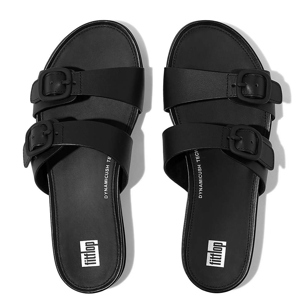 Sandały Fitflop GRACIE Buckle Two-Bar Leather Slides Damskie Czarne | Polska-79532