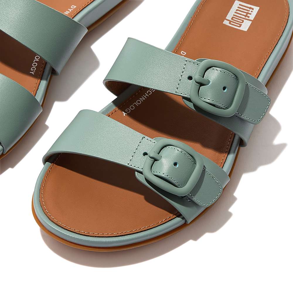 Sandały Fitflop GRACIE Buckle Two-Bar Leather Slides Damskie Niebieskie | Polska-90518