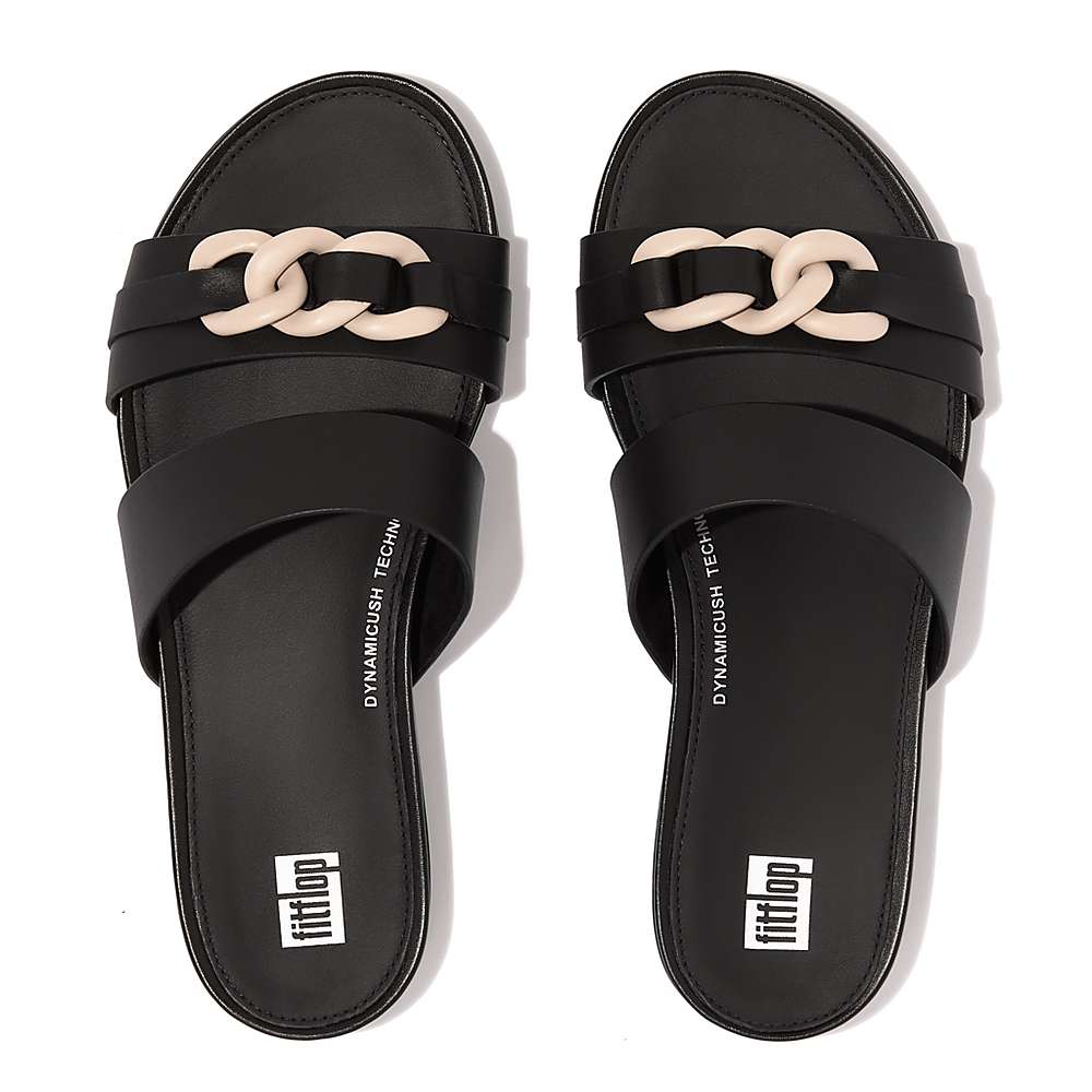 Sandały Fitflop GRACIE Chain Leather Two-Bar Slides Damskie Czarne | Polska-50781