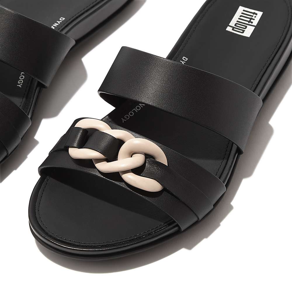 Sandały Fitflop GRACIE Chain Leather Two-Bar Slides Damskie Czarne | Polska-50781