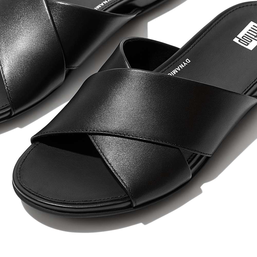 Sandały Fitflop GRACIE Leather Cross Slides Damskie Czarne | Polska-38957