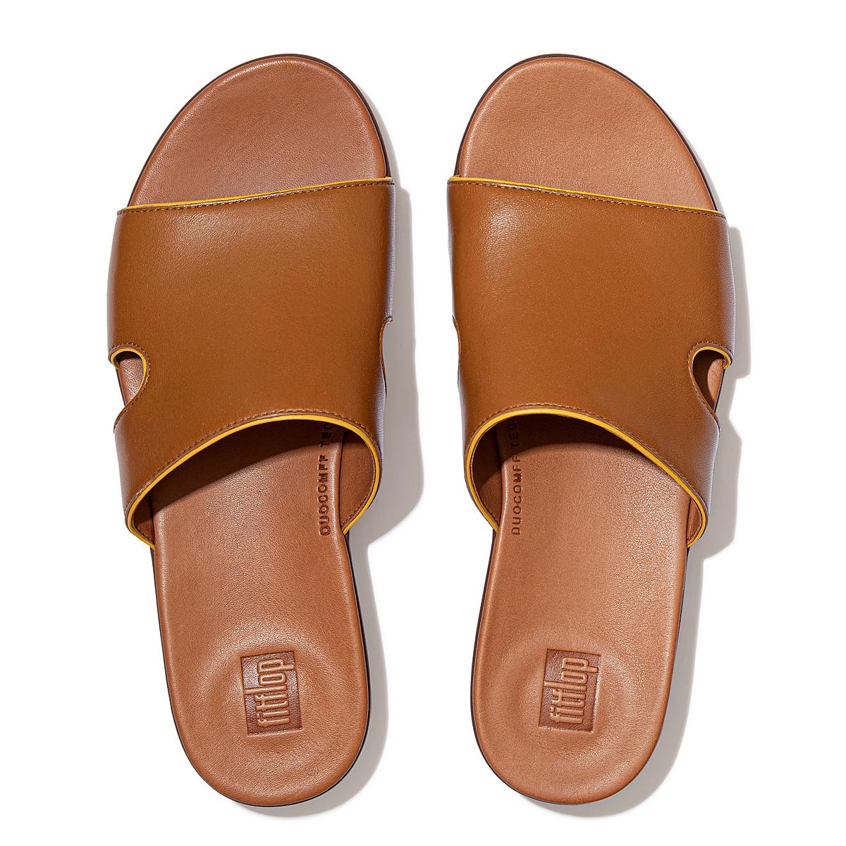 Sandały Fitflop H-Bar Pop Binding Leather Slides Damskie Głęboka Brązowe Pomarańczowe Żółte | Polska-02964