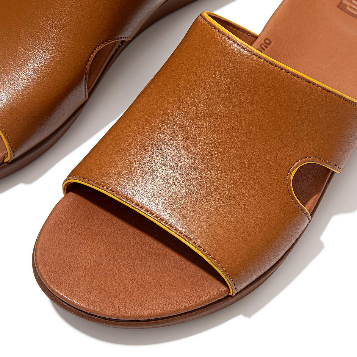 Sandały Fitflop H-Bar Pop Binding Leather Slides Damskie Głęboka Brązowe Pomarańczowe Żółte | Polska-02964