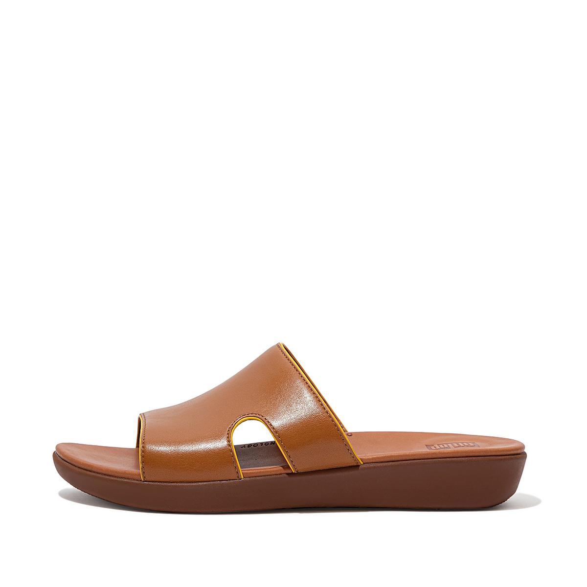 Sandały Fitflop H-Bar Pop Binding Leather Slides Damskie Głęboka Brązowe Pomarańczowe Żółte | Polska-02964