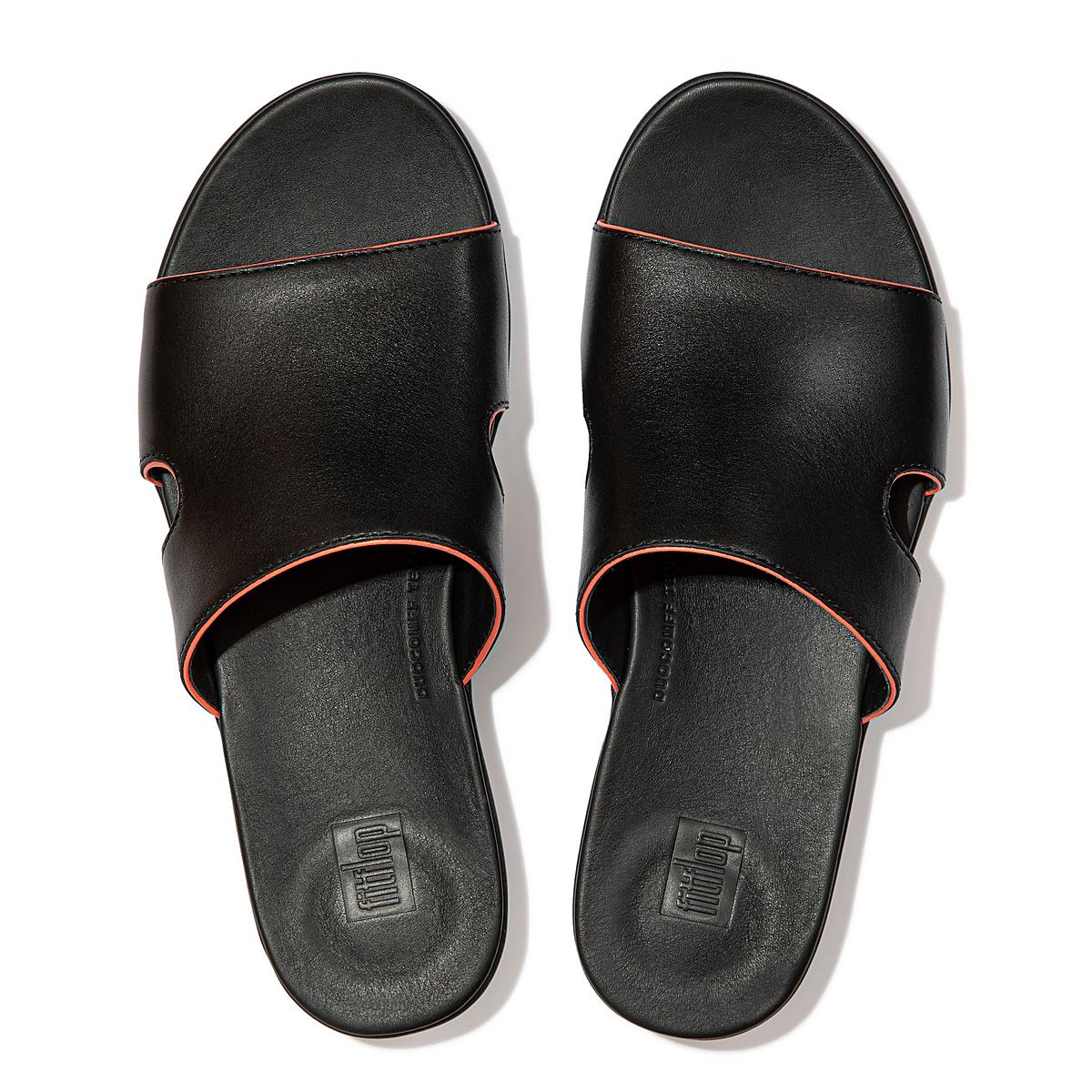 Sandały Fitflop H-Bar Pop Binding Leather Slides Damskie Czarne Różowe | Polska-48213