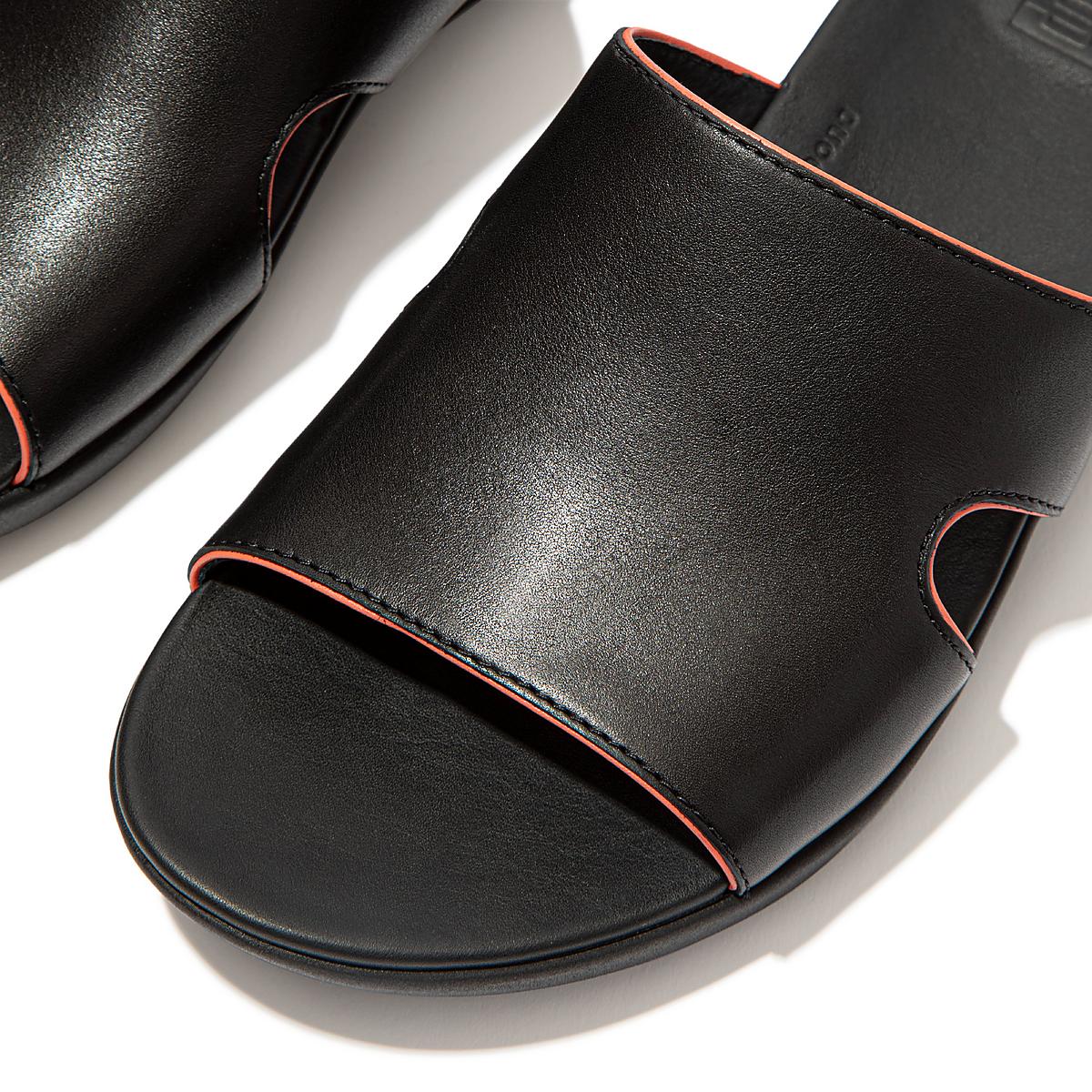 Sandały Fitflop H-Bar Pop Binding Leather Slides Damskie Czarne Różowe | Polska-48213