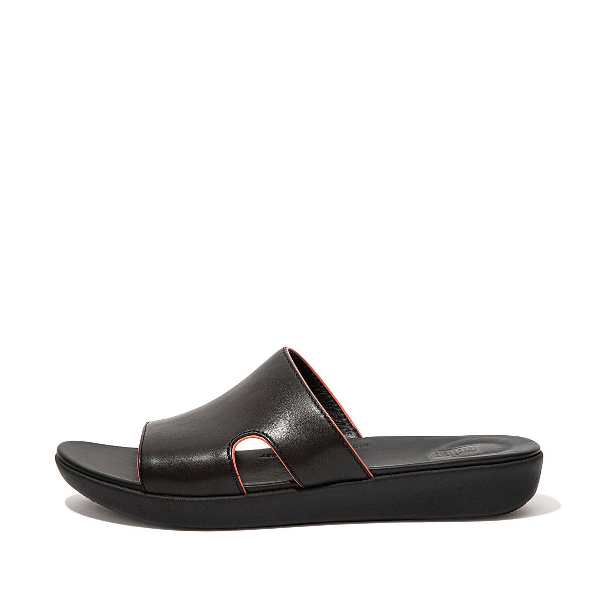 Sandały Fitflop H-Bar Pop Binding Leather Slides Damskie Czarne Różowe | Polska-48213