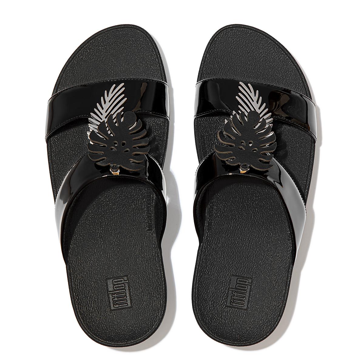 Sandały Fitflop LOTTIE Jungle Leaf Lakierowana Slides Damskie Czarne | Polska-82176