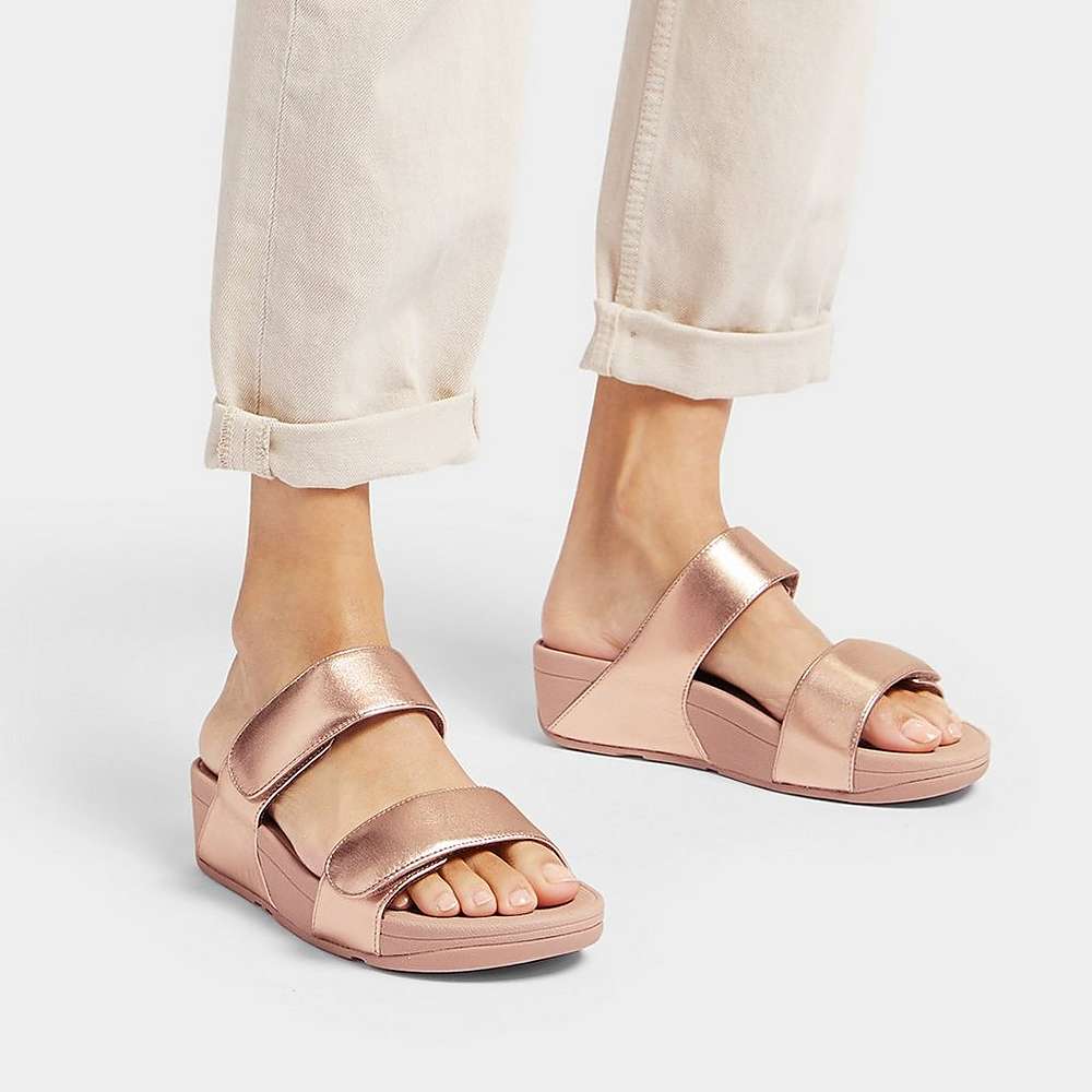 Sandały Fitflop LULU Adjustable Leather Slides Damskie Różowe Złote | Polska-63214