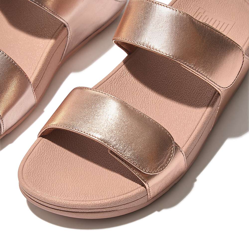 Sandały Fitflop LULU Adjustable Leather Slides Damskie Różowe Złote | Polska-63214