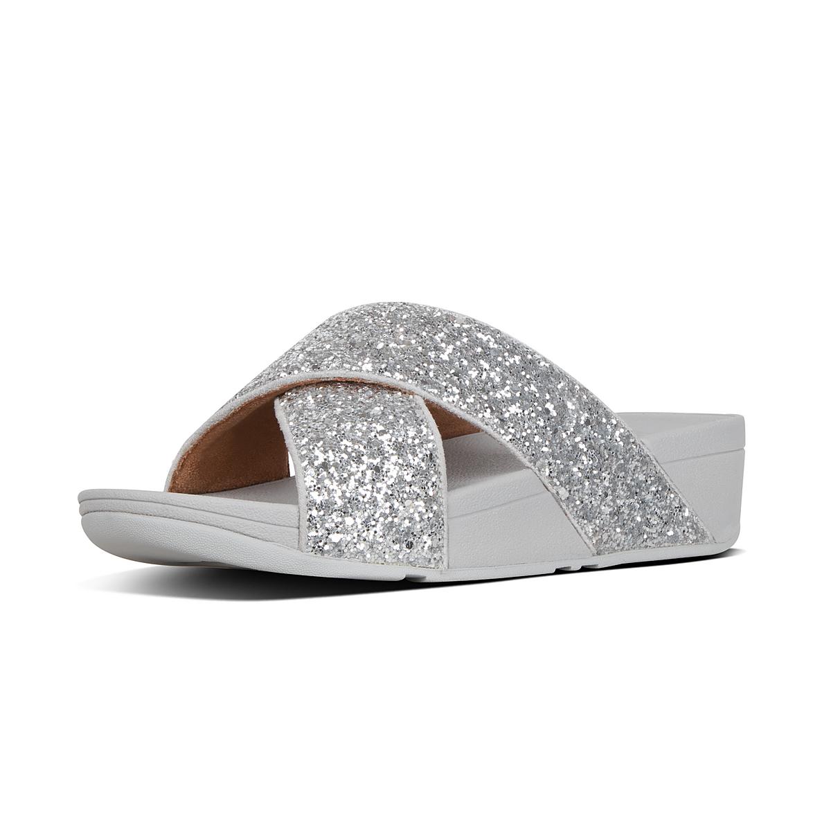 Sandały Fitflop LULU Glitter Cross Slides Damskie Srebrne | Polska-50279