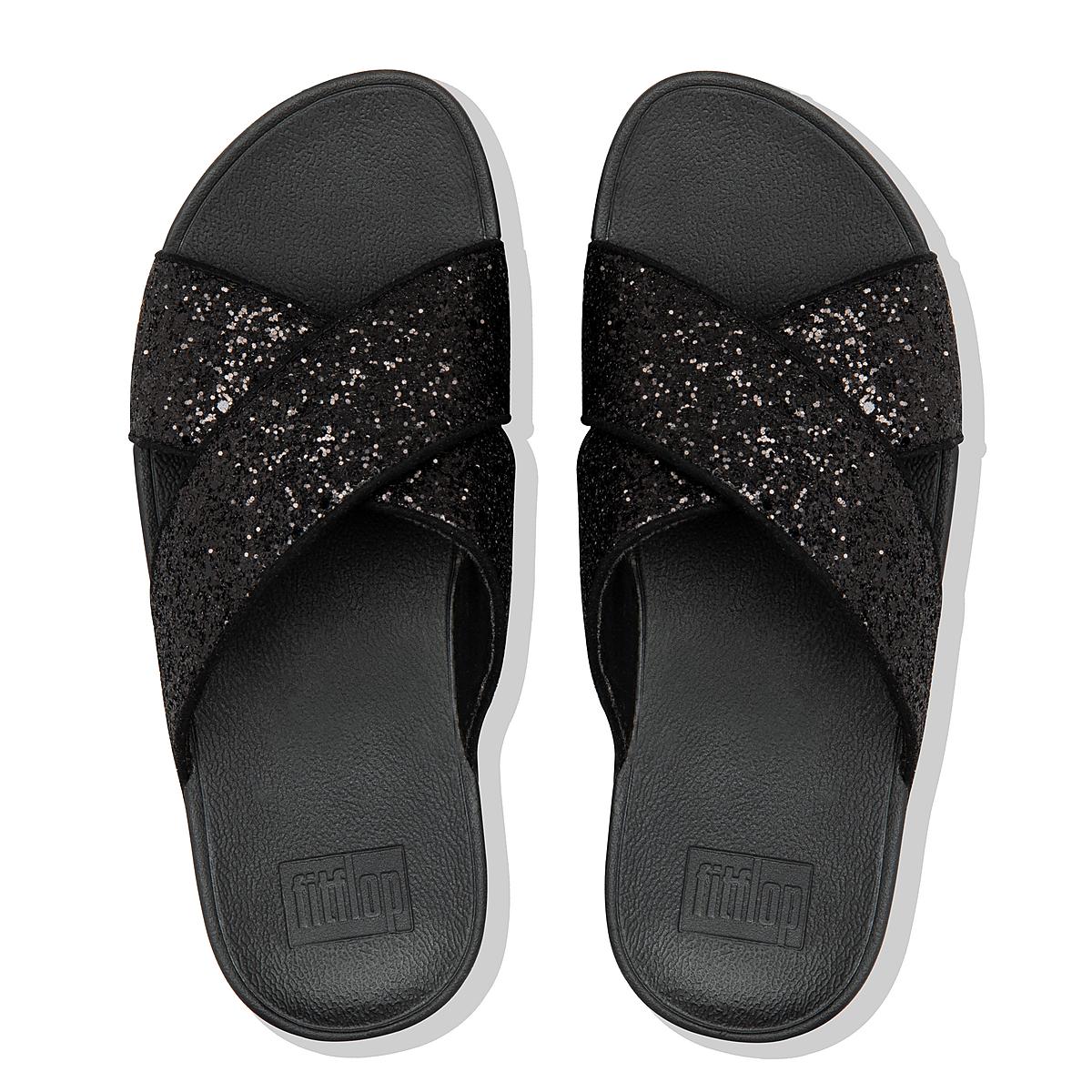 Sandały Fitflop LULU Glitter Cross Slides Damskie Czarne | Polska-68742