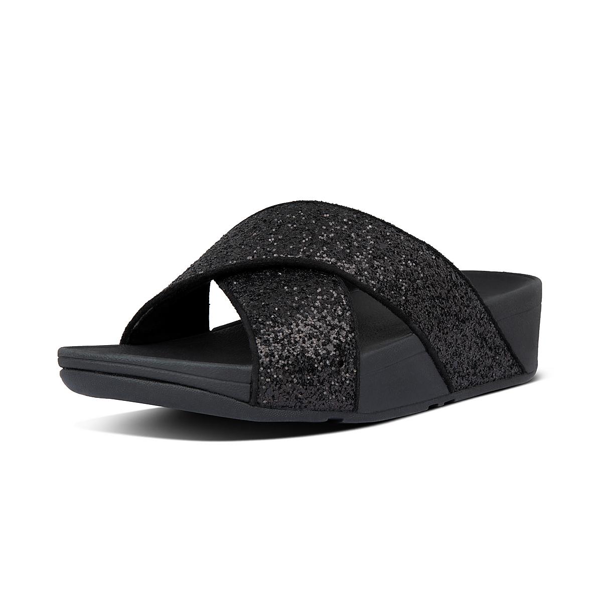 Sandały Fitflop LULU Glitter Cross Slides Damskie Czarne | Polska-68742