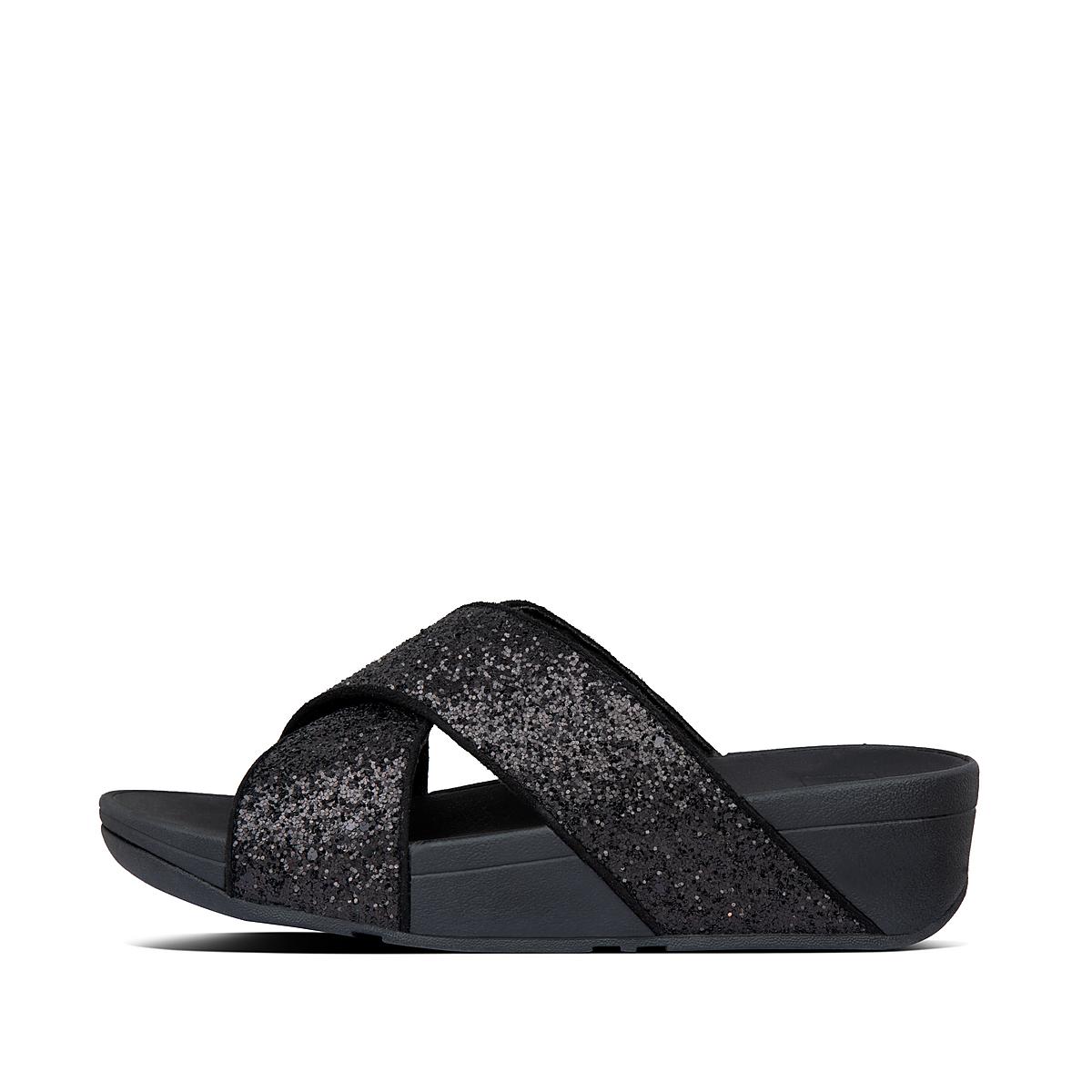 Sandały Fitflop LULU Glitter Cross Slides Damskie Czarne | Polska-68742