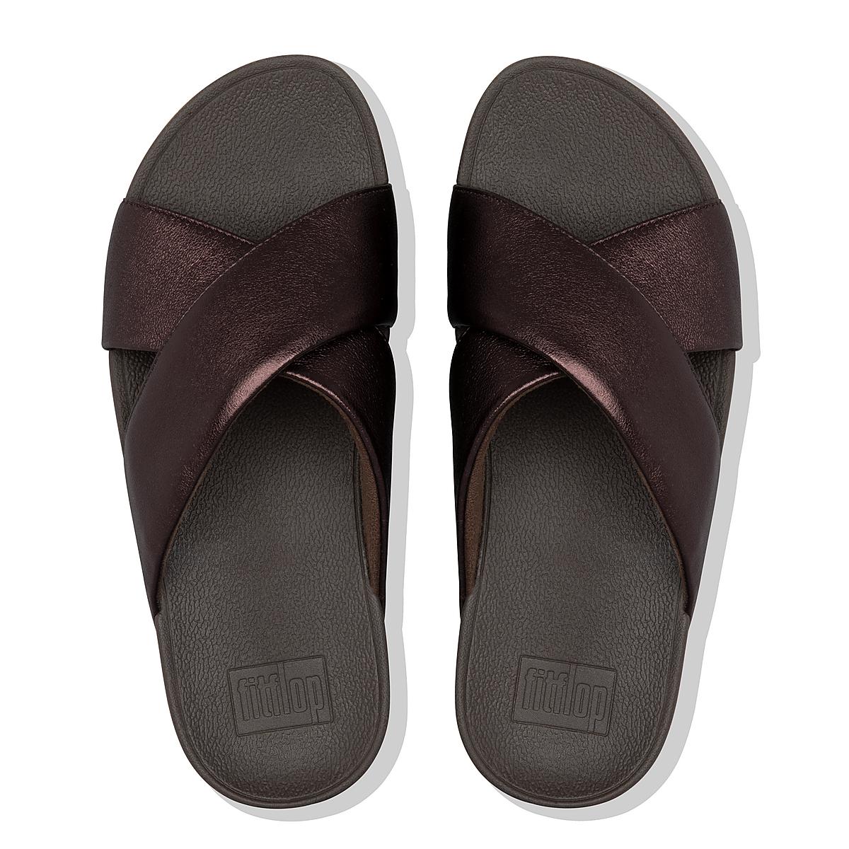 Sandały Fitflop LULU Metallic Leather Cross Slides Damskie Czekolada | Polska-05689