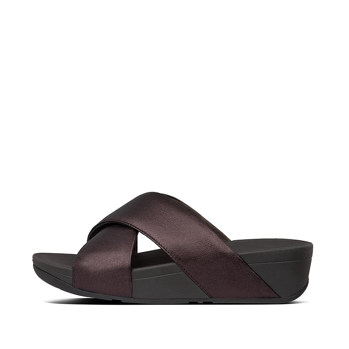 Sandały Fitflop LULU Metallic Leather Cross Slides Damskie Czekolada | Polska-05689