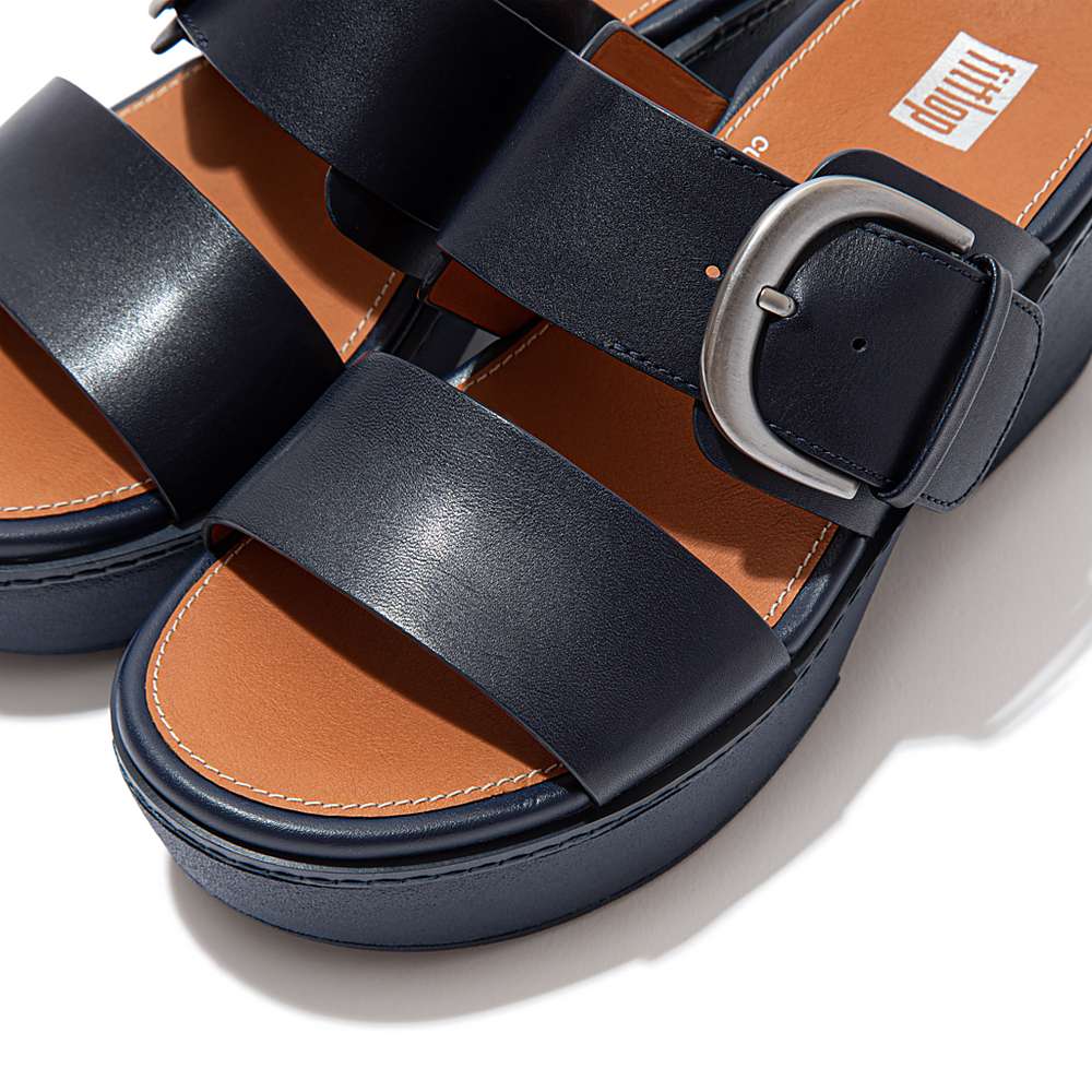 Sandały Fitflop PILAR Leather Platform Slides Damskie Granatowe | Polska-13709