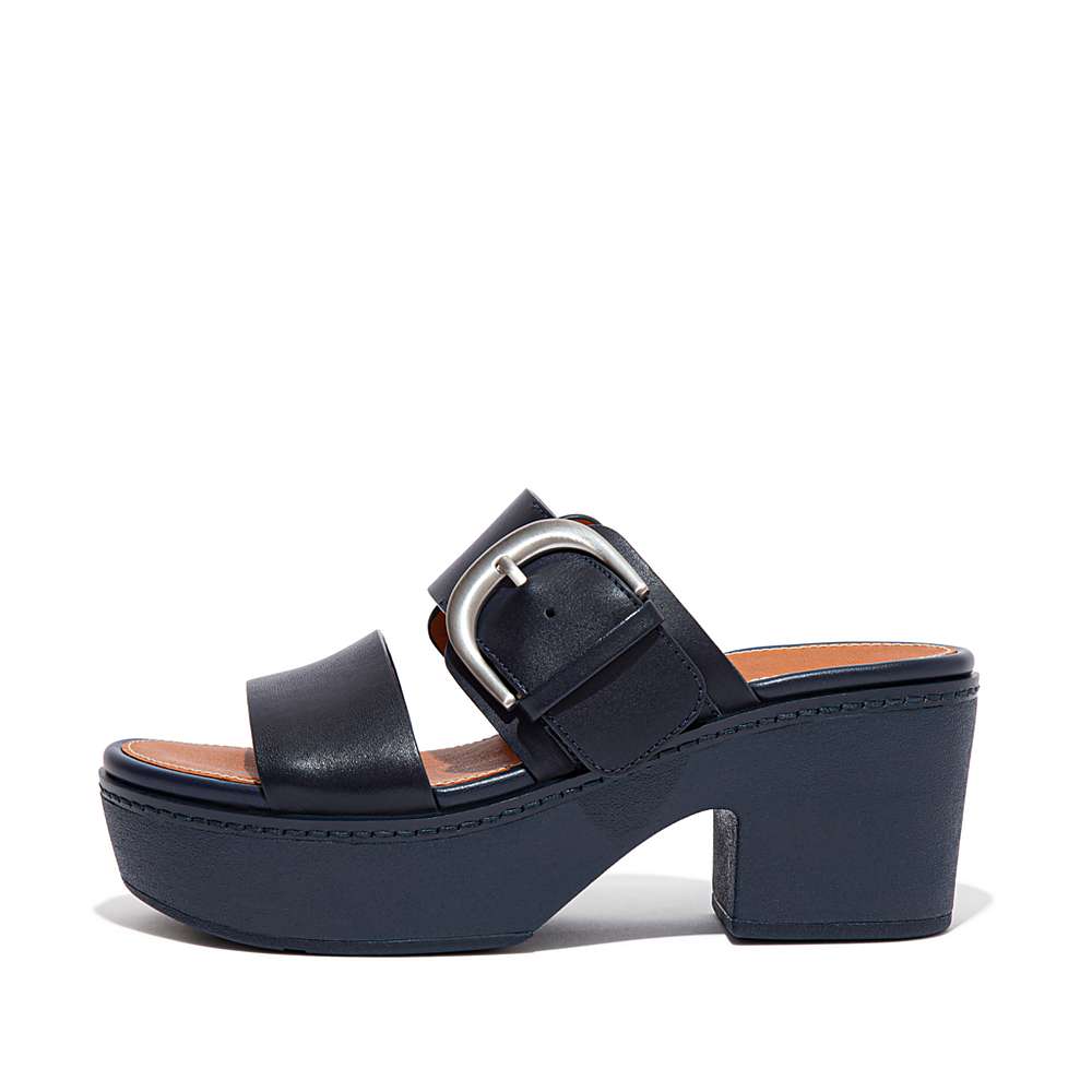 Sandały Fitflop PILAR Leather Platform Slides Damskie Granatowe | Polska-13709