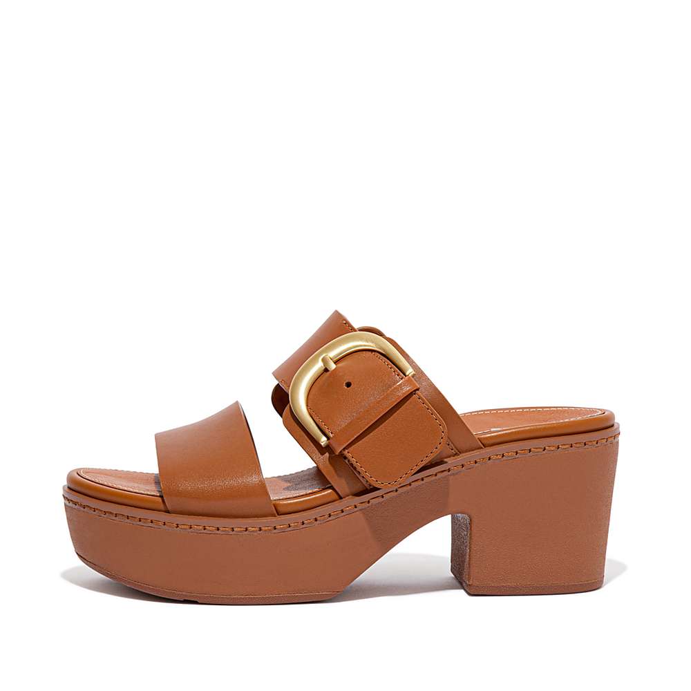 Sandały Fitflop PILAR Leather Platform Slides Damskie Głęboka Brązowe | Polska-91642