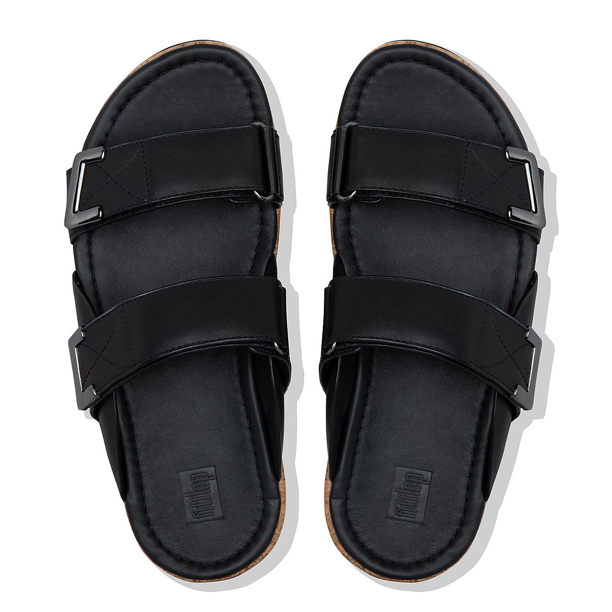 Sandały Fitflop REMI Adjustable Leather Slides Damskie Czarne | Polska-79230