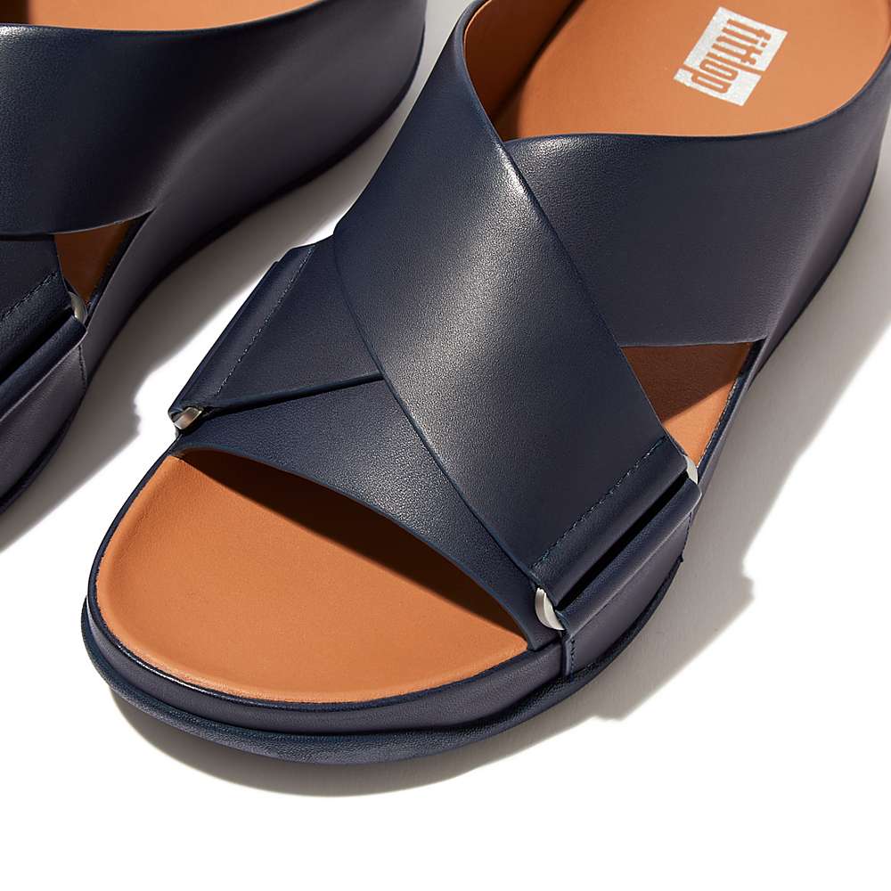 Sandały Fitflop SHUV Leather Cross Slides Damskie Granatowe | Polska-41382