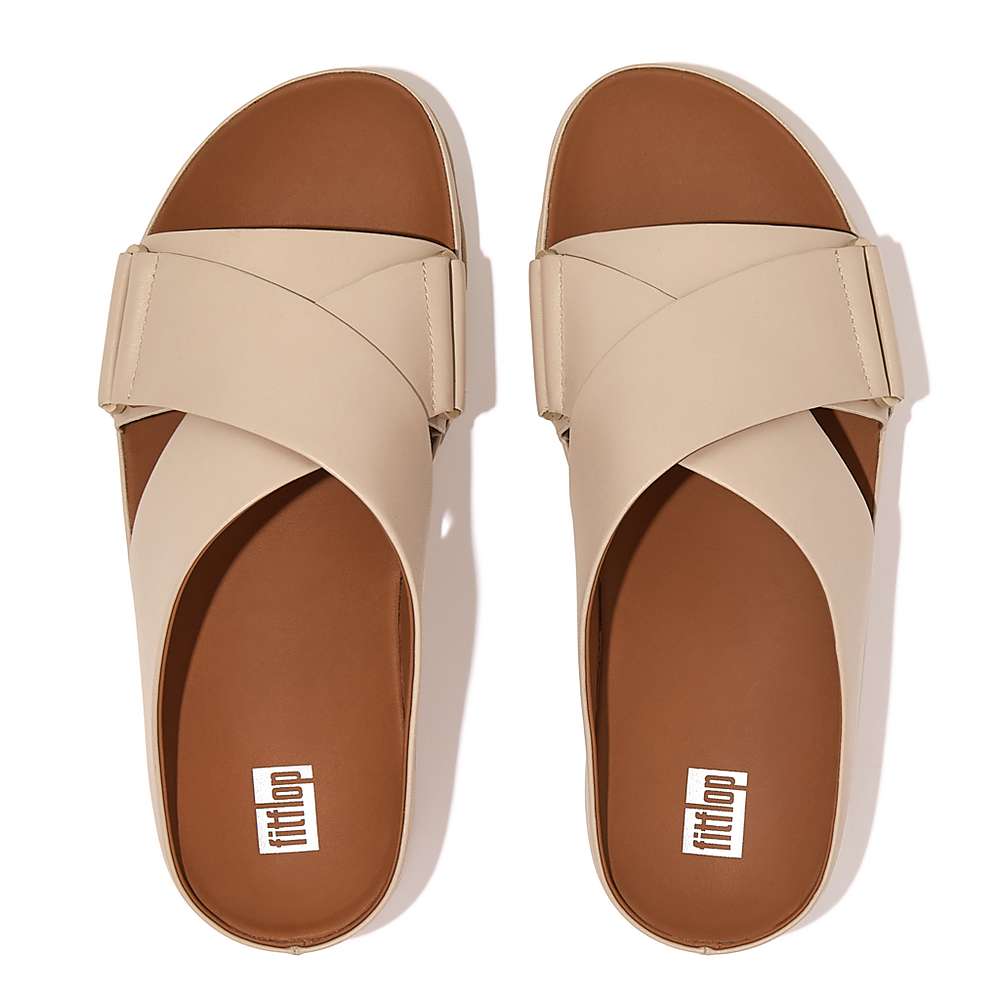 Sandały Fitflop SHUV Leather Cross Slides Damskie Szare Beżowe | Polska-45218