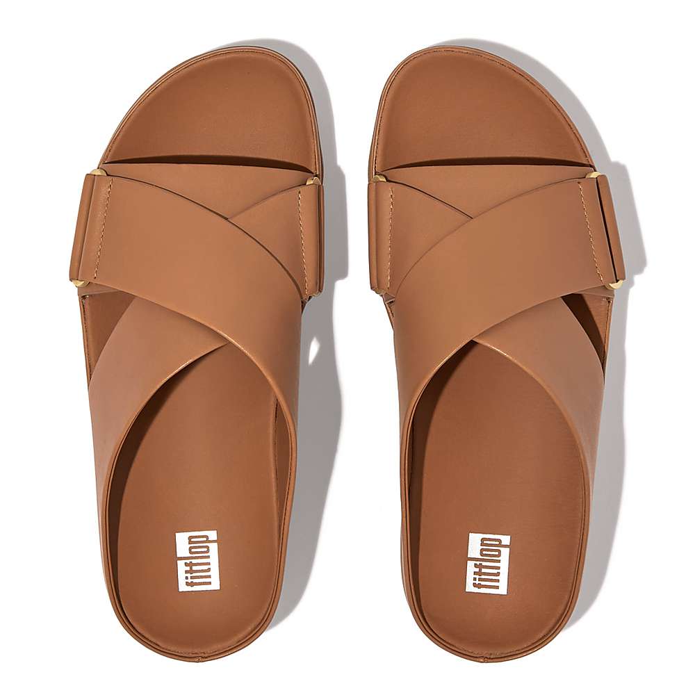 Sandały Fitflop SHUV Leather Cross Slides Damskie Brązowe | Polska-76839