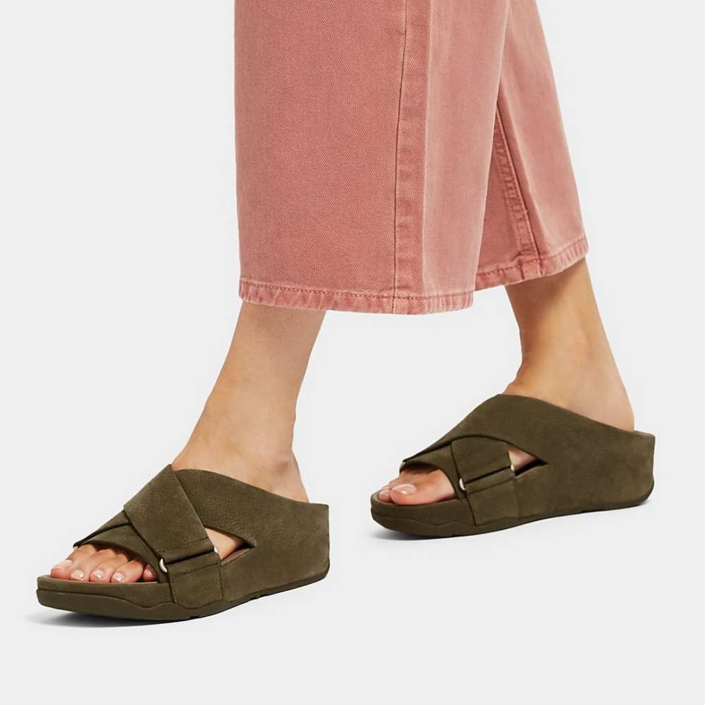 Sandały Fitflop SHUV Nubuck Cross Slides Damskie Oliwkowe | Polska-96257