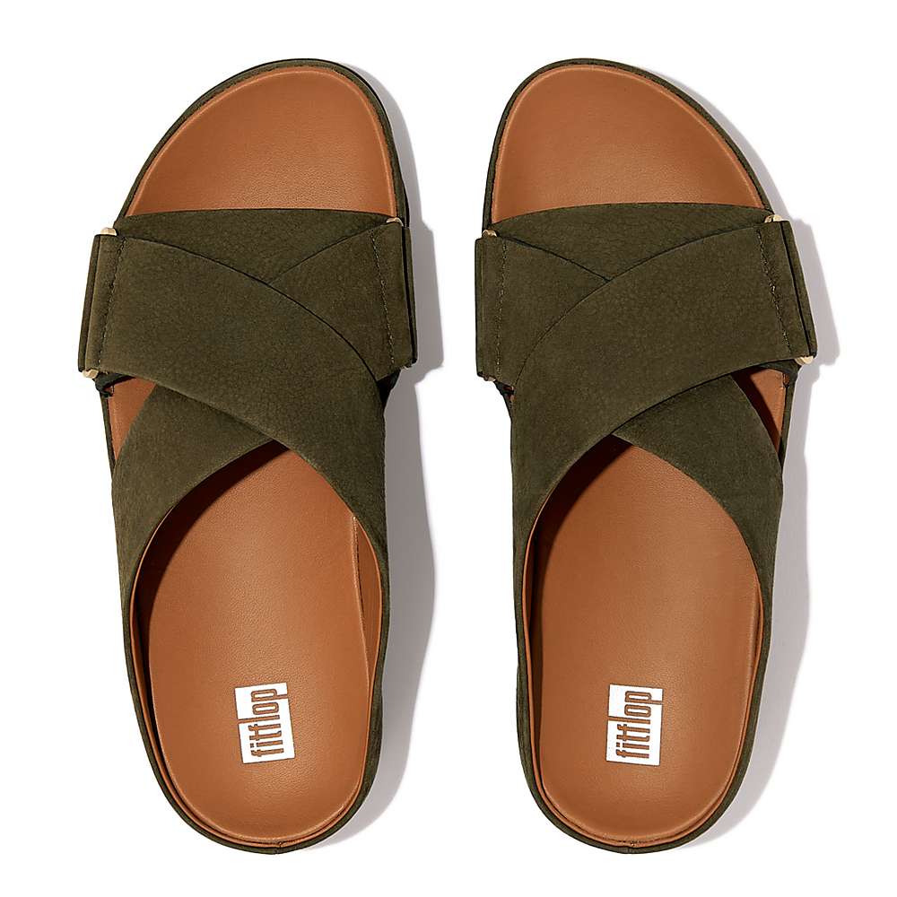 Sandały Fitflop SHUV Nubuck Cross Slides Damskie Oliwkowe | Polska-96257