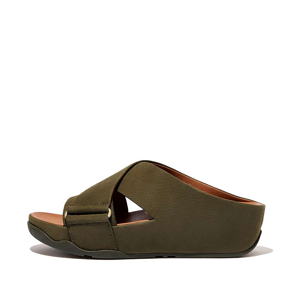 Sandały Fitflop SHUV Nubuck Cross Slides Damskie Oliwkowe | Polska-96257