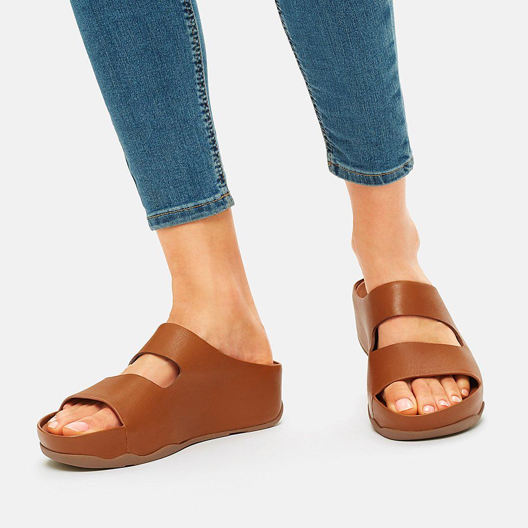 Sandały Fitflop SHUV Two-Bar Leather Slides Damskie Głęboka Brązowe | Polska-20764